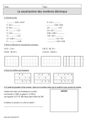 Soustraction des nombres décimaux - Exercices corrigés - Calcul - Mathématiques : 6ème Harmos - PDF à imprimer