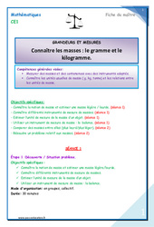 Les masses- Fiches gramme et kilogramme - Fiche de préparation : 4ème Harmos - PDF à imprimer