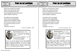 Art poétique - Raymond Queneau - Arts du langage - Histoire des arts - XXème siècle : 7ème Harmos - PDF à imprimer