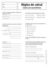 Calculs sans parenthèses - Exercices corrigés - Règles de calcul : 9eme Harmos - PDF à imprimer