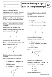 Cosinus d’un angle aigu dans un triangle rectangle - Exercices corrigés - Trigonométrie : 10ème Harmos - PDF à imprimer