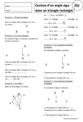 Cosinus d’un angle aigu dans un triangle rectangle - Exercices corrigés - Trigonométrie : 10ème Harmos - PDF à imprimer