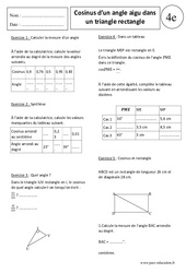 Cosinus d’un angle aigu dans un triangle rectangle - Exercices corrigés - Application - Trigonométrie : 10ème Harmos - PDF à imprimer