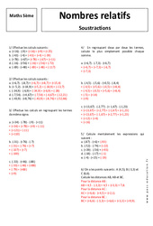 Soustraction - Nombres relatifs - Exercices corrigés : 9eme Harmos - PDF à imprimer