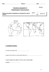 Globe - Planisphère - Océans - Continents - Examen Evaluation : 5ème Harmos - PDF à imprimer