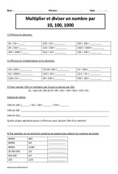 Multiplier - Diviser un nombre par  10, 100, 1000 - Exercices corrigés - Calcul : 7ème Harmos - PDF à imprimer
