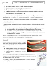 Rôle de la circulation sanguine dans le fonctionnement de l'organisme - Cours - SVT : 9eme Harmos - PDF à imprimer