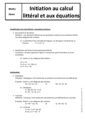 Initiation au calcul littéral et aux équations - Cours : 9eme Harmos - PDF à imprimer