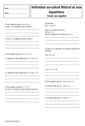 Exercice Tester une égalité - Calcul littéral - Equations - Exercices corrigés - Initiation : 9eme Harmos - PDF à imprimer