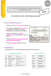 Lire et comprendre les différentes informations contenues dans un article de dictionnaire - Cours, Leçon : 6ème Harmos - PDF gratuit à imprimer