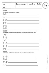 Comparaison de nombres relatifs - Exercices corrigés - Ecriture fractionnaire : 10ème Harmos - PDF à imprimer