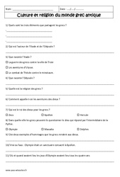 Culture et religion du monde grec antique - Exercices corrigés - Civilisation grecque : 8ème Harmos - PDF à imprimer