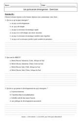 Puissances émergentes - Exercices corrigés - Géographie : 10ème Harmos - PDF à imprimer