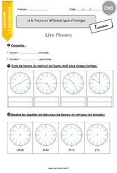 Je lis l’heure sur différents types d’horloges - Exercices  : 6ème Harmos - PDF à imprimer