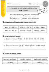 Comparer, ranger, encadrer les nombres jusqu’à 999 999 - Exercices  : 6ème Harmos - PDF à imprimer