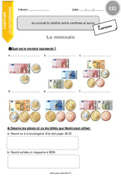 Connaître la relation entre centimes et euros - Exercices  : 4ème Harmos - PDF à imprimer