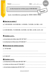 Décomposer les nombres jusqu’à 999 999 999 - Exercices  : 6ème Harmos - PDF à imprimer