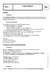 Calcul littéral - Cours : 10ème Harmos - PDF à imprimer