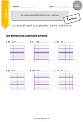 Je pose une soustraction avec retenue - Exercices avec correction : 4ème Harmos - PDF à imprimer