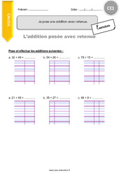 Je pose une addition avec retenue - Exercices  : 4ème Harmos - PDF à imprimer